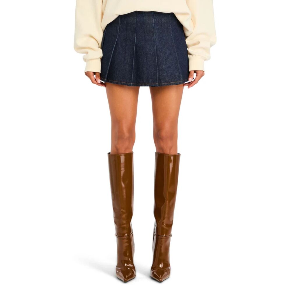 SER.O.YA Gimlet Mid Rise Mini Skirt in Rinse Wash Dark Pleated Denim size XS/S